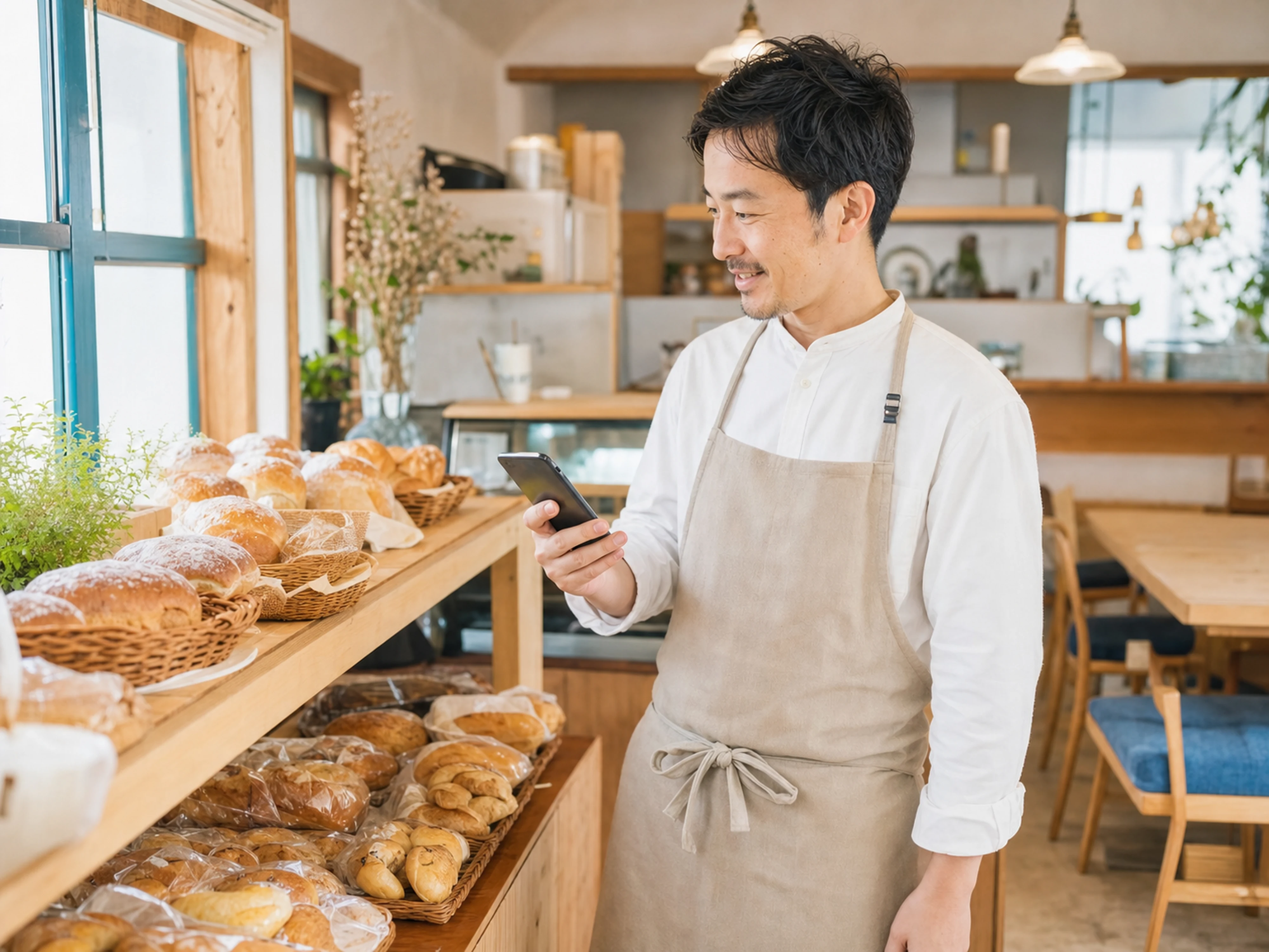 地域のベーカリー店主がスマートフォンでお客様への案内を確認する様子