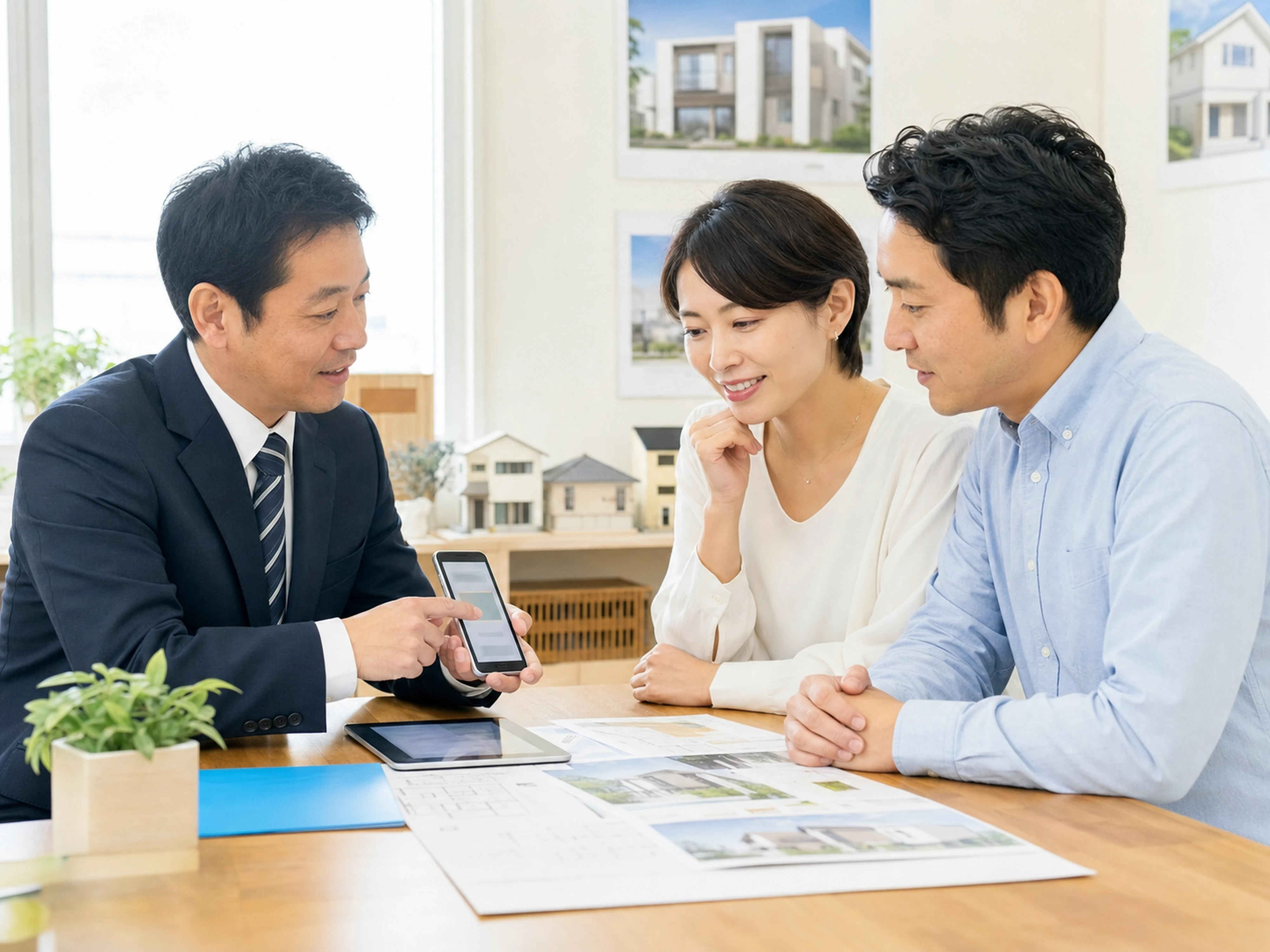 不動産担当者がお客様夫婦へスマートフォンで物件情報と内見予約を案内する様子