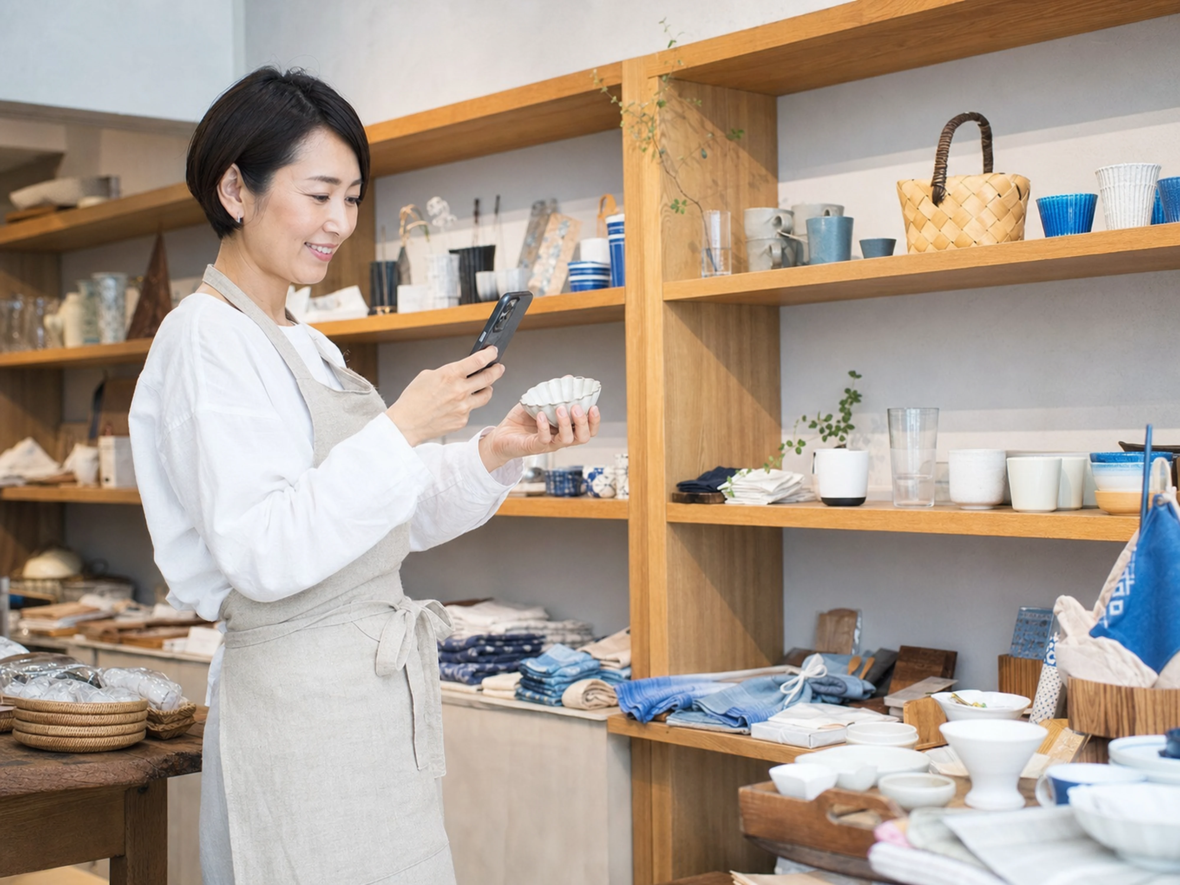 地域の雑貨店主がスマートフォンで新商品を撮影して案内する様子