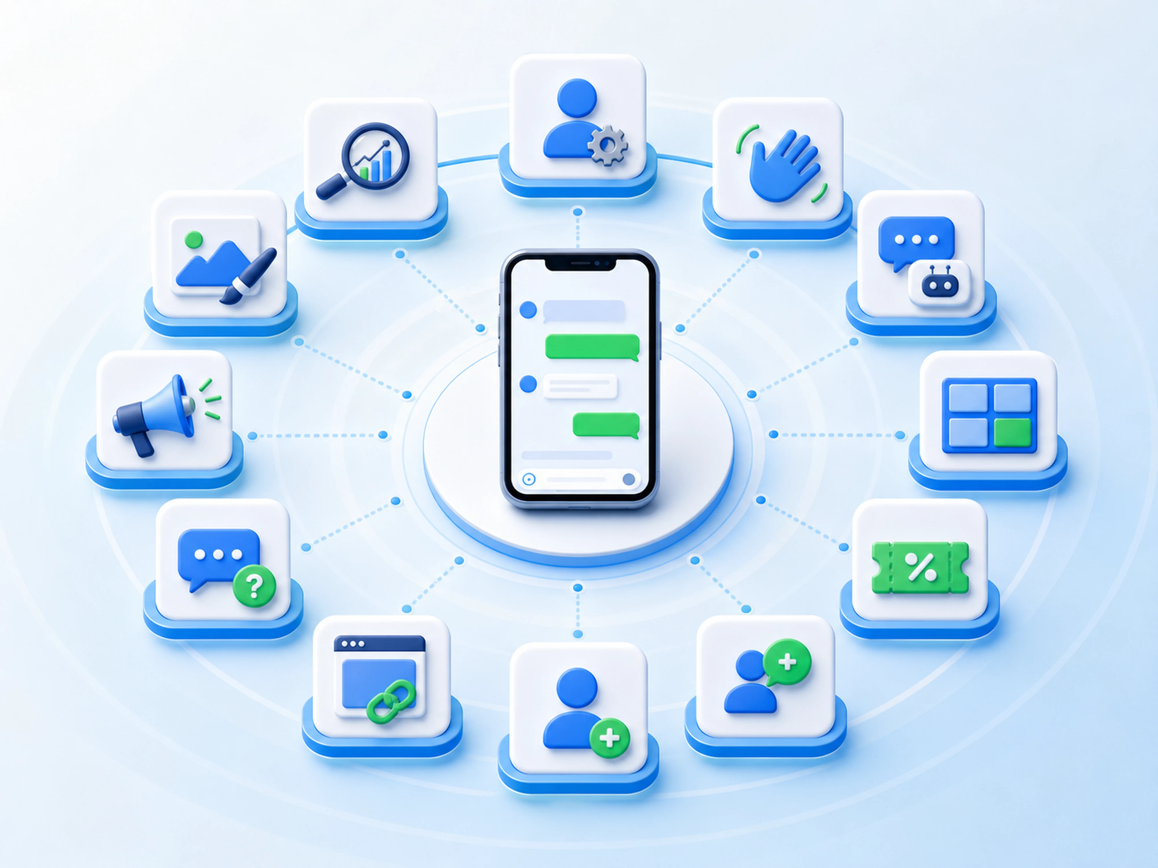 スマートフォンを中心に初期設定、メッセージ、リッチメニュー、WEB連携、配信、分析などの支援がつながるイラスト
